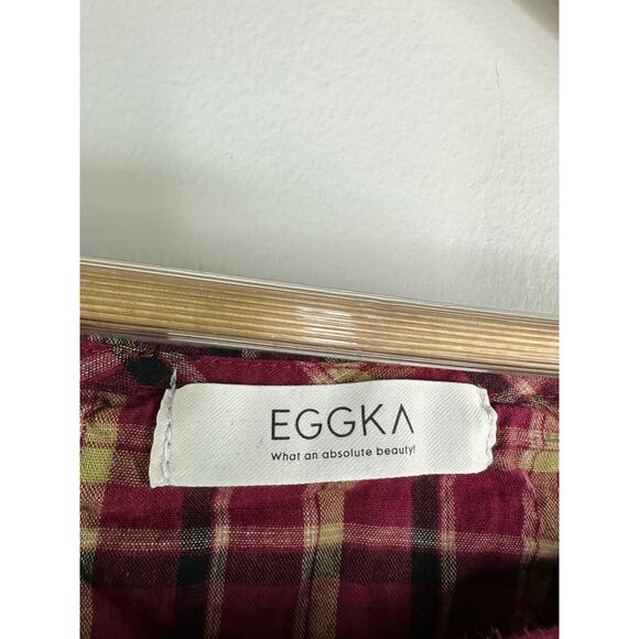 Eggka Peasant Milkmaid Crop Top Red Cream Plaid Long Sleeve Button Front Small - Picture 5 of 7
